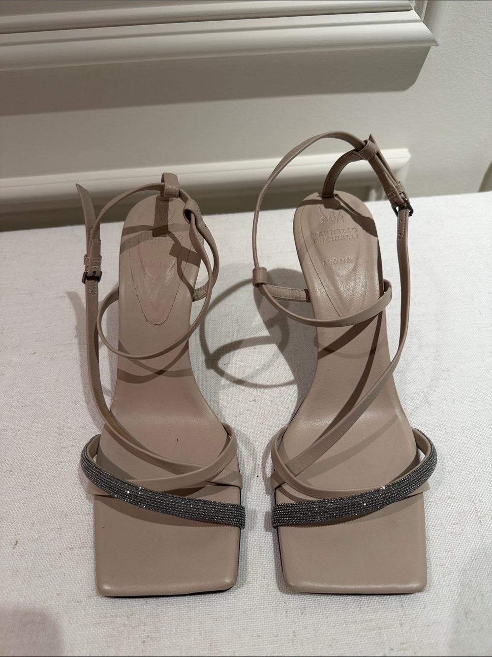 Brunello Cucinelli Beige Strappy Square-Toe Women's Mules with Embellished Strap